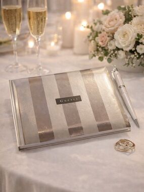 Wedding Guest Book & Pen Set Silver 10x7 Elegant Keepsake